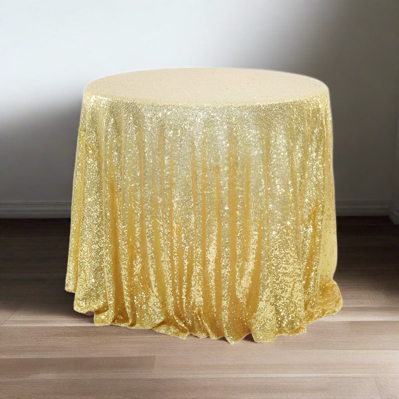 Linen Rental - 120" Gold Round Sequin Deluxe tablecover to floor