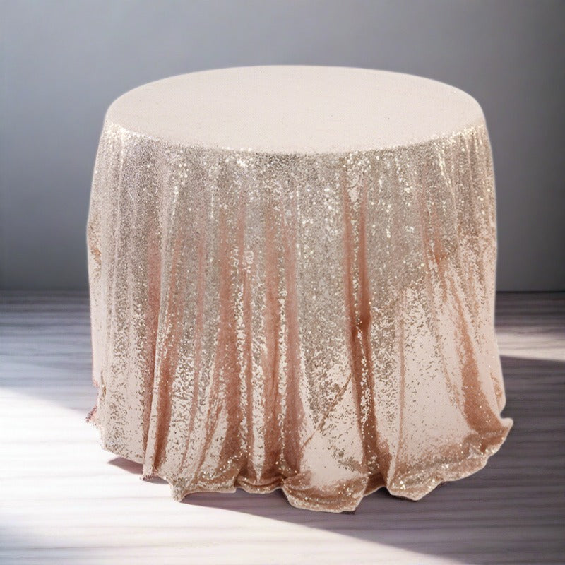 Linen Rental - 120" Rose Gold Round Sequin Deluxe tablecover to floor